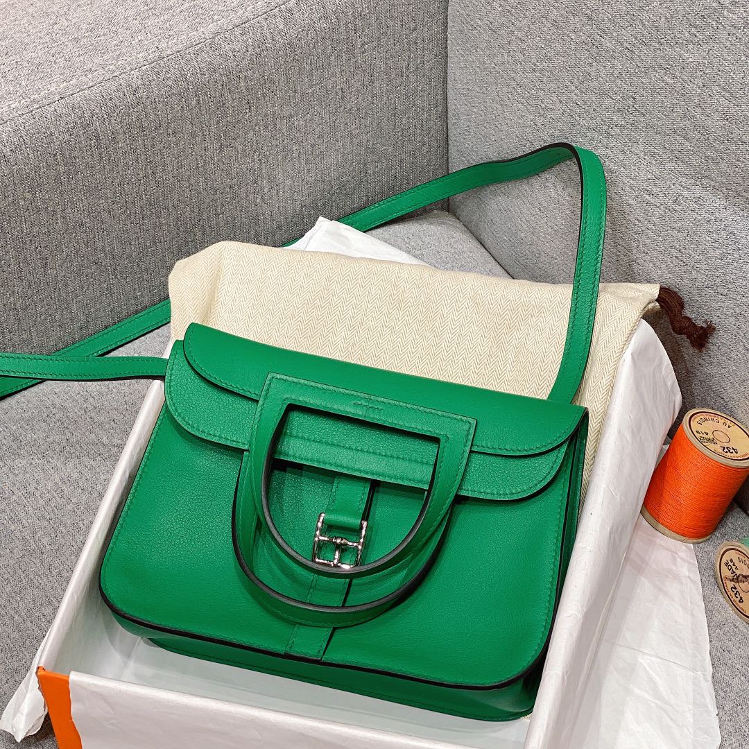 Hermes Mini Halzan 22 Handbag Shoulder Bag In Green Swift Leather